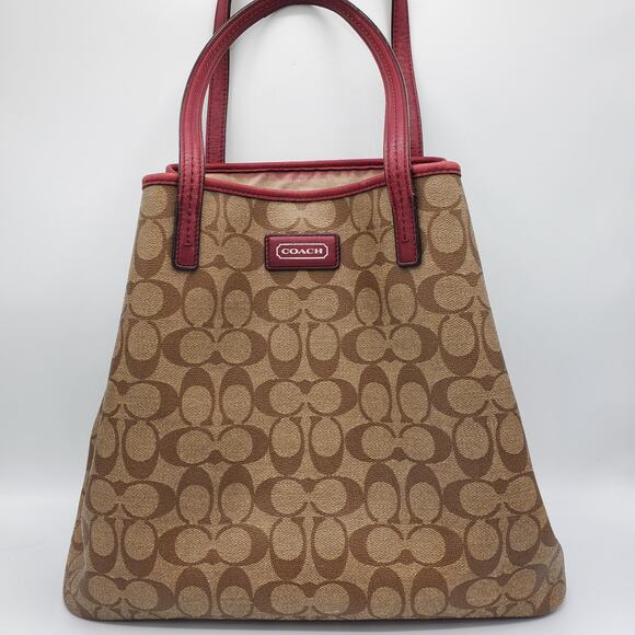 Coach Park Metro Signature Coated Canvas Tote Leather Handbag Shoulder Purse - Picture 1 of 13